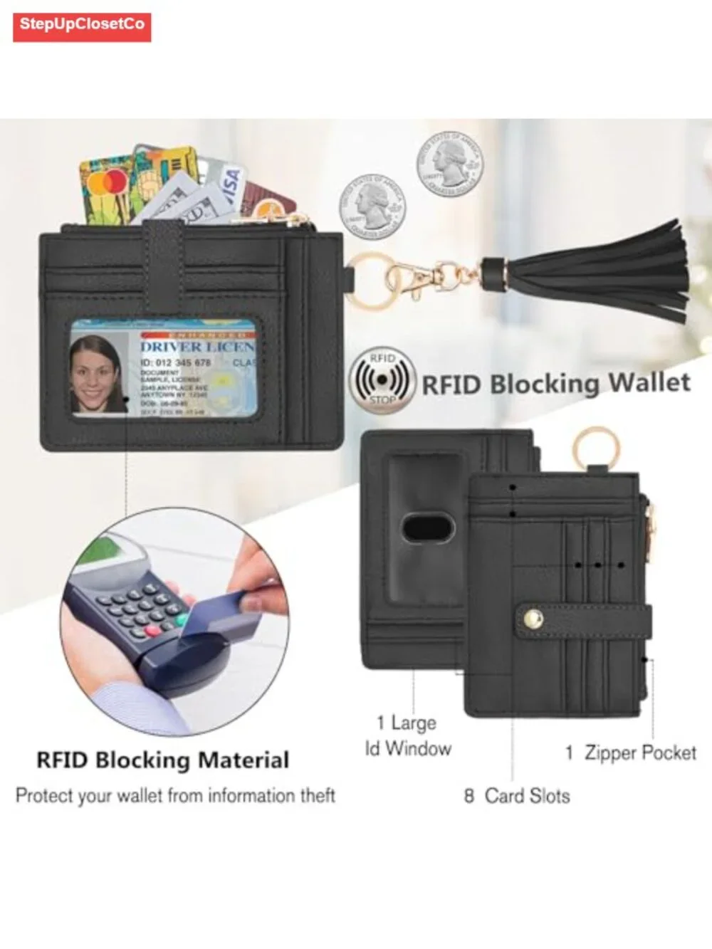 RFID Blocking Wristlet Wallet with Beaded Strap, Faux Leather Keychain